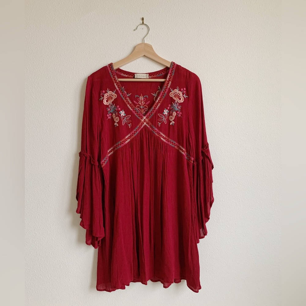 Altar’d State Embroidered Red Bell Sleeve Dress